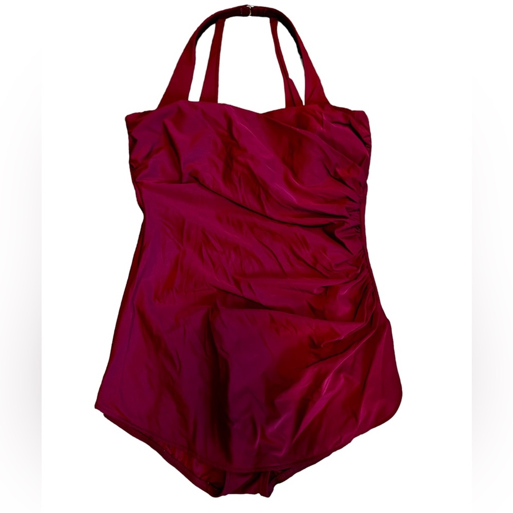Red Vintage Style Lands’ End 16 LONG TORSO Halter Neck Tunic Front 1-Piece
